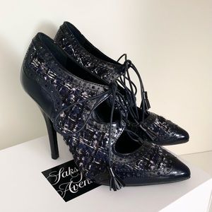 Tory Burch tweed tassel lace up oxford heels